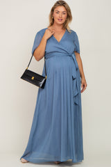 Blue Metallic Shimmer Chiffon Maternity Plus Maxi Dress