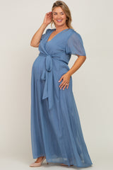 Blue Metallic Shimmer Chiffon Maternity Plus Maxi Dress