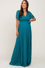 Teal Metallic Shimmer Chiffon Maternity Maxi Dress