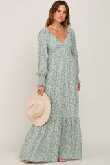 Mint Green Floral Long Sleeve Maxi Dress