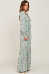 Mint Green Floral Long Sleeve Maxi Dress