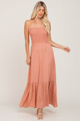 Peach Floral Sleeveless Smocked Maxi Dress