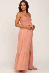 Peach Floral Sleeveless Smocked Maternity Maxi Dress