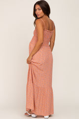 Peach Floral Sleeveless Smocked Maternity Maxi Dress