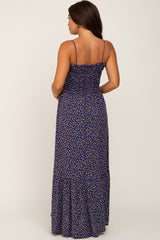 Navy Floral Sleeveless Smocked Maternity Maxi Dress