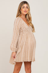 Beige Printed V-Neck Long Sleeve Maternity Dress