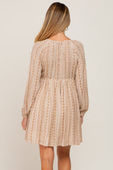 Beige Printed V-Neck Long Sleeve Maternity Dress