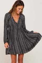 Black Printed V-Neck Long Sleeve Dress