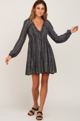 Black Printed V-Neck Long Sleeve Dress