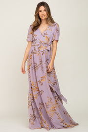 Lavender Floral Chiffon Wrap Front Short Sleeve Maternity Maxi Dress