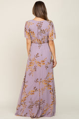 Lavender Floral Chiffon Wrap Front Short Sleeve Maternity Maxi Dress