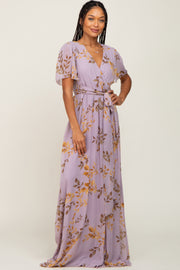 Lavender Floral Chiffon Wrap Front Short Sleeve Maxi Dress