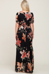 Black Floral Chiffon Wrap Front Short Sleeve Maternity Maxi Dress