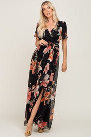 Black Floral Chiffon Wrap Front Short Sleeve Maxi Dress