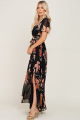 Black Floral Chiffon Wrap Front Short Sleeve Maxi Dress