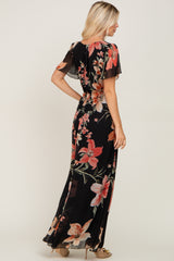 Black Floral Chiffon Wrap Front Short Sleeve Maxi Dress