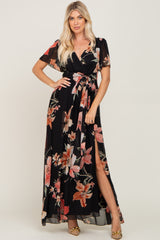 Black Floral Chiffon Wrap Front Short Sleeve Maxi Dress