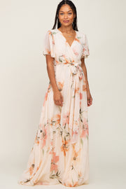 Cream Floral Chiffon Wrap Front Short Sleeve Maxi Dress