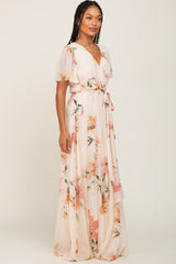 Cream Floral Chiffon Wrap Front Short Sleeve Maxi Dress