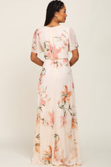 Cream Floral Chiffon Wrap Front Short Sleeve Maxi Dress