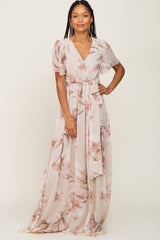 Beige Floral Chiffon Wrap Front Short Sleeve Maternity Maxi Dress