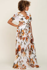 White Floral Chiffon Wrap Front Short Sleeve Maxi Dress