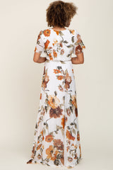 White Floral Chiffon Wrap Front Short Sleeve Maxi Dress