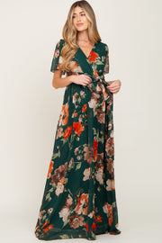 Forest Green Floral Chiffon Wrap Front Short Sleeve Maternity Maxi Dress