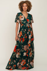 Forest Green Floral Chiffon Wrap Front Short Sleeve Maxi Dress