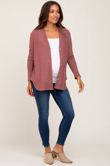 Mauve Waffle Knit Button Down Maternity Top