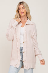 Beige Knit Frayed Button Down Cardigan