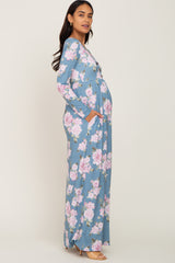 Blue Floral Button Front Maternity Maxi Dress