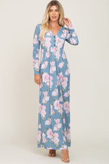 Blue Floral Button Front Maternity Maxi Dress