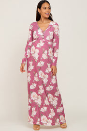 Mauve Floral Button Front Maternity Maxi Dress