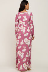 Mauve Floral Button Front Maternity Maxi Dress