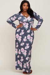 Charcoal Floral Button Front Maternity Plus Maxi Dress