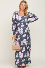 Charcoal Floral Button Front Maternity Plus Maxi Dress