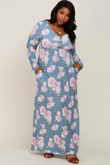 Blue Floral Button Front Plus Maxi Dress