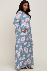 Blue Floral Button Front Plus Maxi Dress