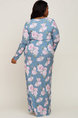 Blue Floral Button Front Plus Maxi Dress