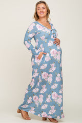 Blue Floral Button Front Maternity Plus Maxi Dress