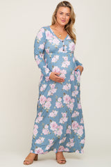 Blue Floral Button Front Maternity Plus Maxi Dress