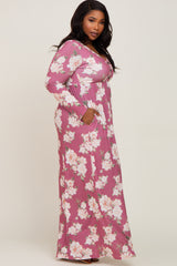 Mauve Floral Button Front Plus Maxi Dress