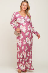 Mauve Floral Button Front Maternity Plus Maxi Dress