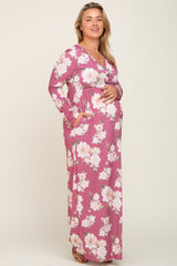 Mauve Floral Button Front Maternity Plus Maxi Dress