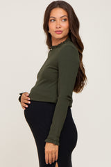 Olive Ribbed Ruffle Neck Long Sleeve Maternity Top