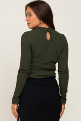 Olive Ribbed Ruffle Neck Long Sleeve Maternity Top