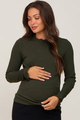 Olive Ribbed Ruffle Neck Long Sleeve Maternity Top