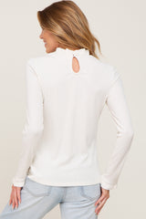 Cream Ribbed Ruffle Neck Long Sleeve Top