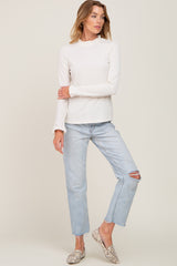 Cream Ribbed Ruffle Neck Long Sleeve Top